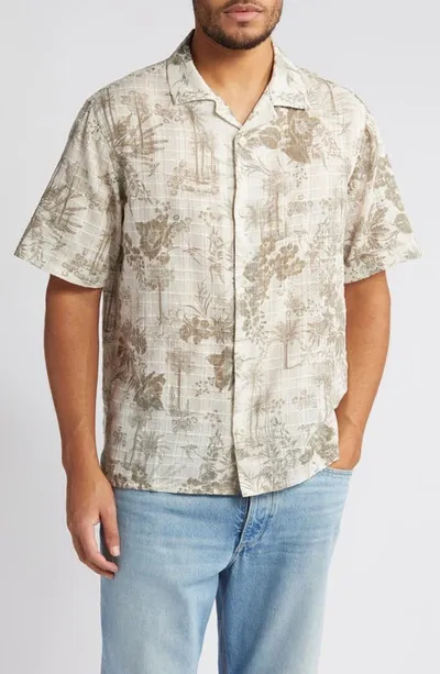 Wax London Palm Floral Print Short Sleeve Cotton Button-up Shirt In Khaki