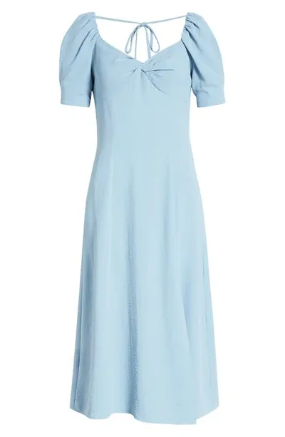 Zoe And Claire Twist Neck Crepe Midi Dress In Dusty Blue