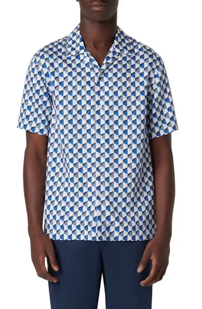 Bugatchi Jackson Shaped Fit Geo Print Short Sleeve Button-up Camp Shirt In Classic Blue