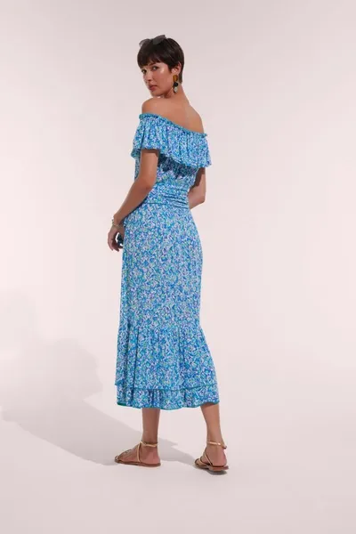 Poupette St Barth Long Dress Bella In Blue Ocean Flowers