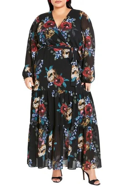 City Chic Xander Floral Long Sleeve Chiffon Maxi Dress In Dark Late Bloom