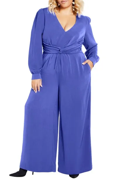 City Chic Blakely Twist Waist Long Sleeve Wide Leg Jumpsuit In Blue