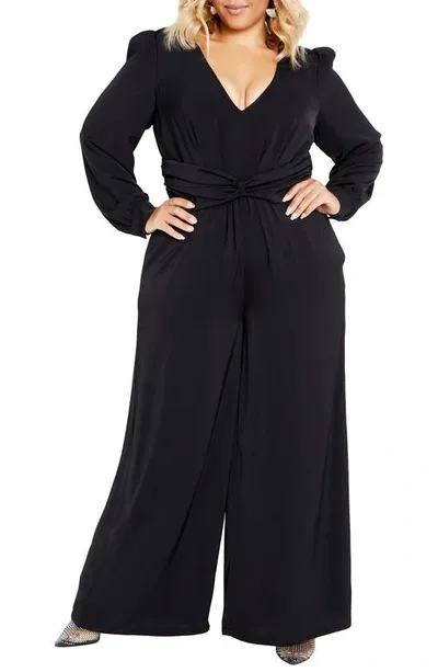 City Chic Blakely Twist Waist Long Sleeve Wide Leg Jumpsuit In Black