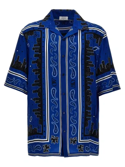 Off-white Blue Bandana Print Satin Shirt In Viscose Man