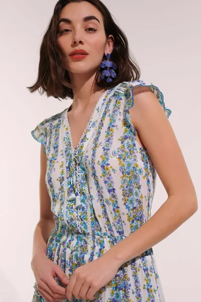 Poupette St Barth Mini Dress Anais In Blue Waves Flowers