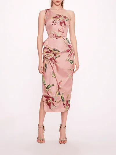 Marchesa One Shoulder Drape Midi Dress In Pink