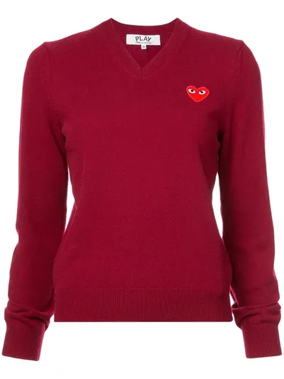 Comme Des Garçons Play V-neck Heart Embroidered Sweater In Red