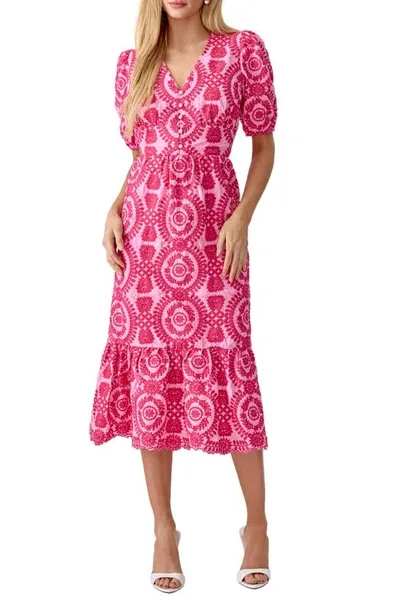 Adelyn Rae Luisa Embroidered Midi Dress In Pink/magenta