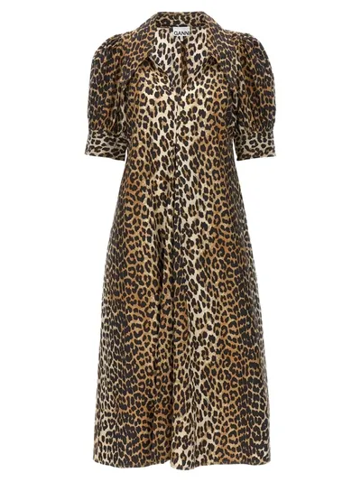 Ganni Animal Print Midi Dress Dresses In Beige