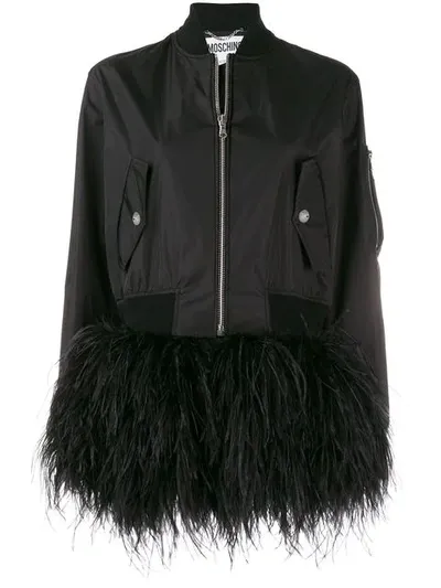 Moschino Feather Trim Bomber Jacket In Black