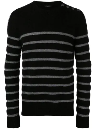 Balmain Shoulder Button Striped Sweater In Nero Argento