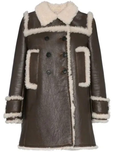 Miu Miu Shearling-trimmed Textured-leather Coat In F025l Bruciato+natural