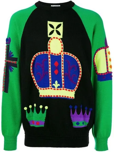 Pre-owned Versace Crown Intarsia Jumper In Black