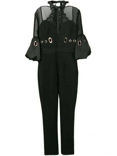 Self-portrait Balloon-sleeve Lace And Crepe Jumpsuit In Black