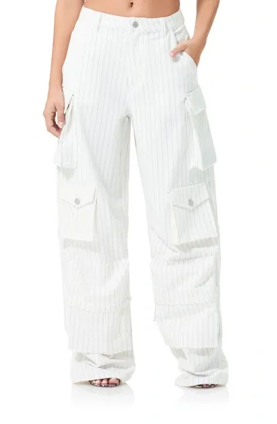 Afrm Parker Pinstripe Wide Leg Cargo Pants In White Grey Pinstripe