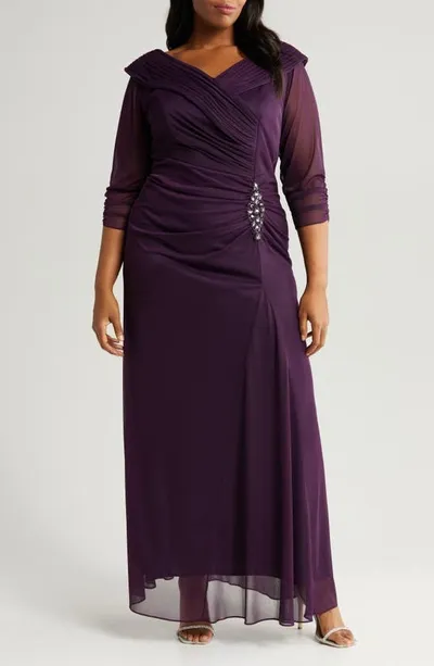 Alex Evenings Rhinestone Detail Portrait Collar Gown In Eggplant