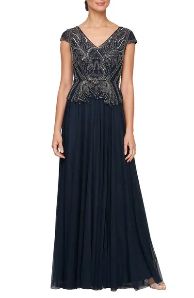 Alex Evenings Sequin Bead Gown In Navy