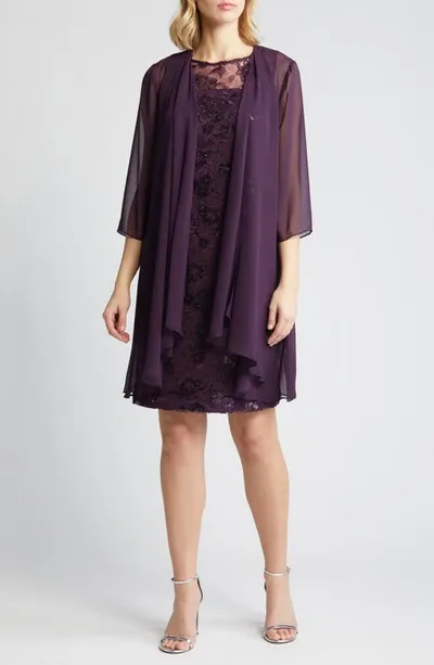 Alex Evenings Sequin Lace Sheath Dress & Chiffon Jacket In Eggplant