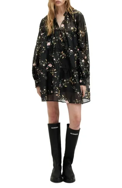 Allsaints Mindy Floral Long Sleeve Trapeze Minidress In Black