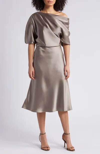 Amsale One-shoulder Fluid Satin Cocktail Midi Dress In Mocha