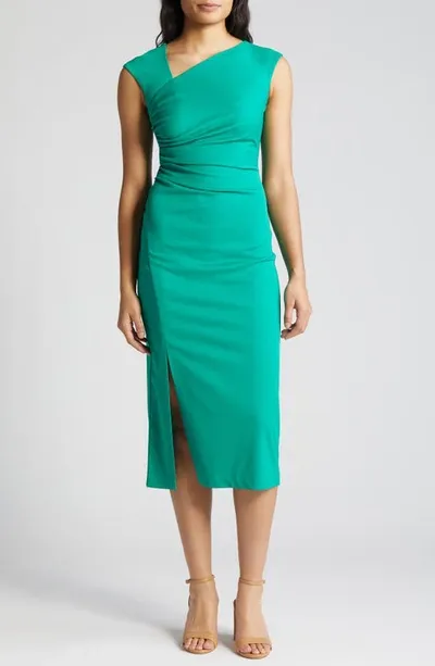 Anne Klein Asymmetric Neck Side Ruched Midi Sheath Dress In Green Sprig