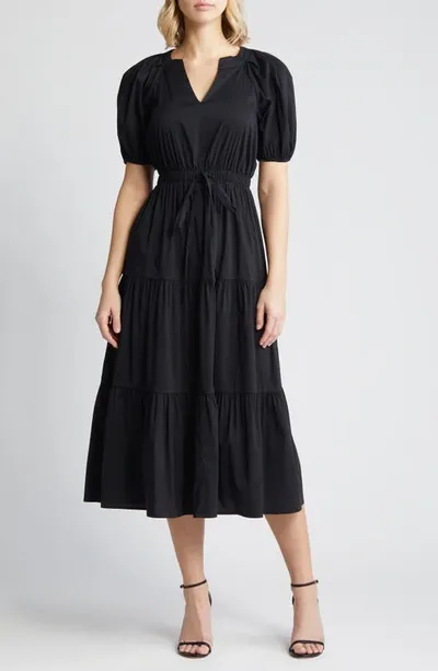 Anne Klein Tiered Puff Sleeve Midi Dress In Black