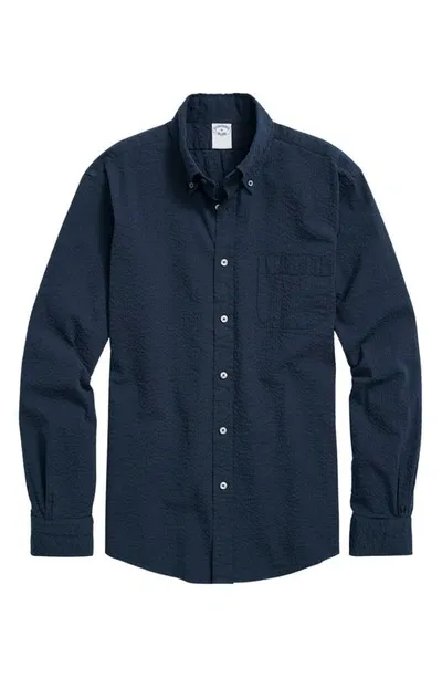 Brooks Brothers Solid Stretch Seersucker Button-down Shirt In Solid Navy