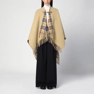 Burberry Check Pattern Wool Cape In Beige