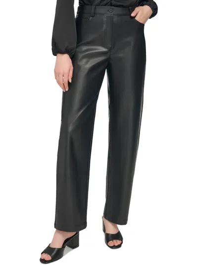 Calvin Klein Womens Slimming Faux Leather Trouser Pants In Schwarz