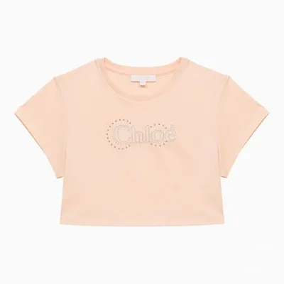 Chloé Kids' Pale Pink Cotton Cropped T-shirt With Logo