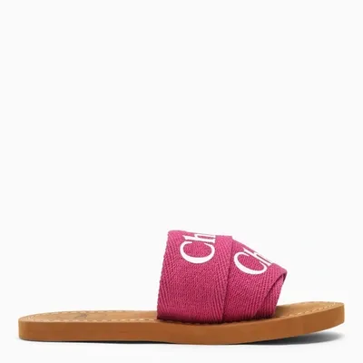 Chloé Kids' Woody Sandals In Fuchsia Canvas With Logo In Pink