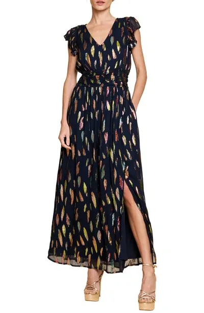 Ciebon Jennsen Metallic Flutter Sleeve Maxi Dress In Navy