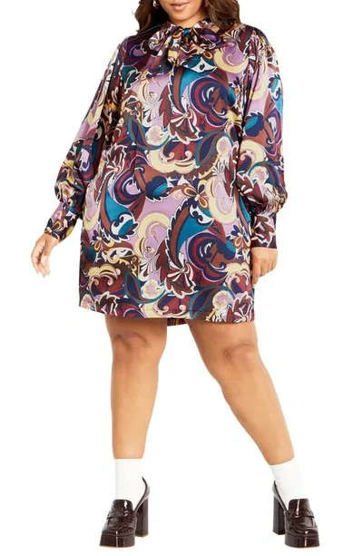 City Chic Mara Print Long Sleeve Minidress In Envy Abstract