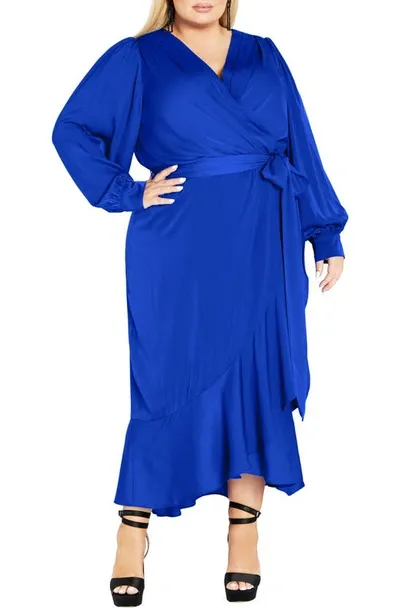 City Chic Ophelia Long Sleeve Faux Wrap Maxi Dress In Ultra Blue