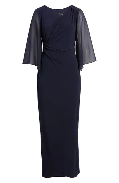 Connected Apparel Chiffon Cape Sleeve Side Ruched Gown In Navy