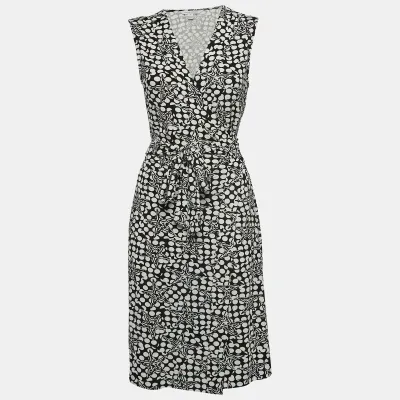 Pre-owned Diane Von Furstenberg Black/white Geometric Print Jersey Midi Wrap Dress L