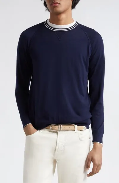 Eleventy Tipped Merino Wool Sweater In Denim And White