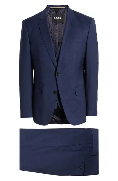 Hugo Boss Huge 3-piece Solid Blue Stretch Wool Suit In Dark Blue