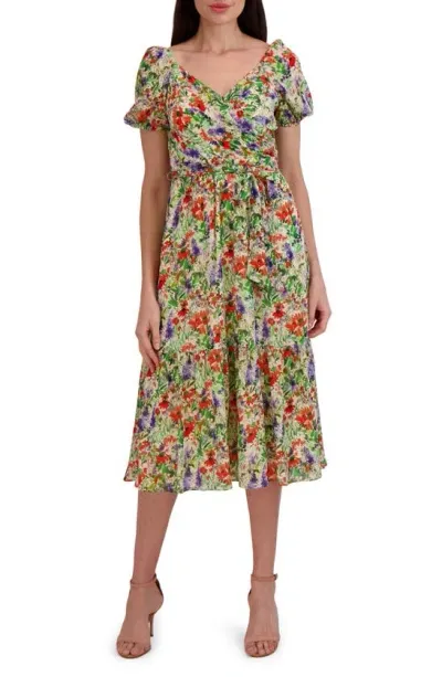 Julia Jordan Floral Puff Sleeve Fit & Flare Midi Dress In Nude Multi