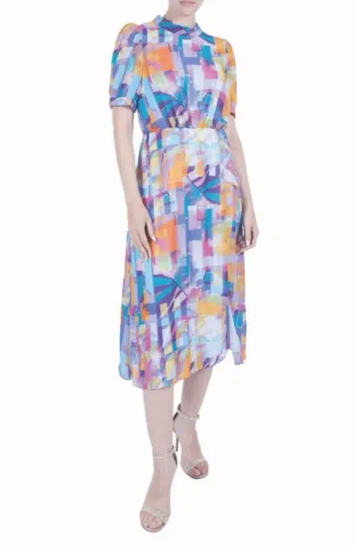 Julia Jordan Puff Sleeve Midi Dress In Blue/yellow Multi