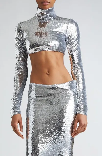 Laquan Smith Sequin Mock Neck Crop Top In Silver