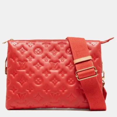 Pre-owned Louis Vuitton Wine Monogram Embossed Leather Coussin Pm Bag In Red