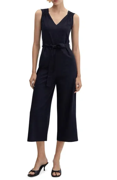 Mango Belted Linen Blend Jumpsuit In Dark Navy