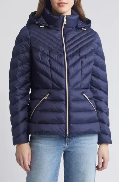 Michael Michael Kors Water Repellent Hooded Packable Puffer Coat In Midnight Navy