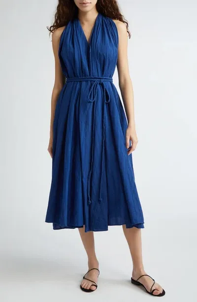 Mille Marilyn Belted Sleeveless Cotton Midi Dress In Indigo