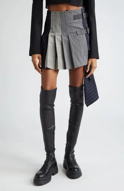 Monse Patchwork Pleated Wool & Cotton Blend Miniskirt In Black Multi