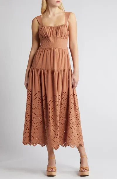 Moon River Eyelet Cotton Midi Sundress In Terracotta