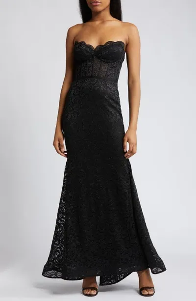 Morgan & Co. Glitter Lace Strapless Mermaid Gown In Black