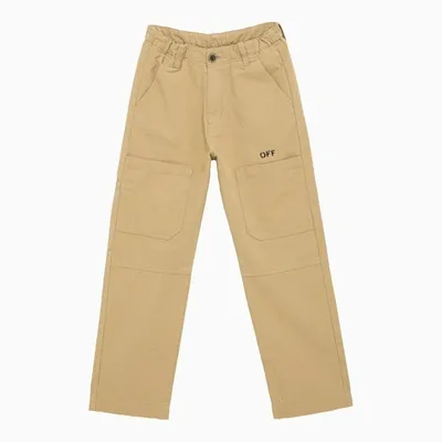 Off-white Kids' Regular Beige/black Cotton Trousers