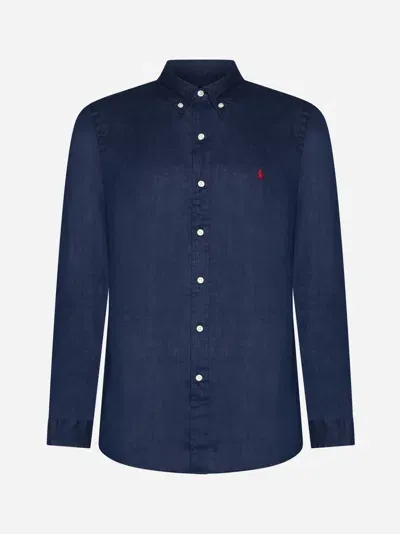 Polo Ralph Lauren Logo Linen Shirt In Navy